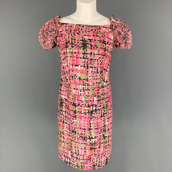 YVES SAINT LAURENT Size S Pink Green Black Abstract Short Sleeve Dress - Picture 1 of 1